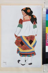 Talonpoikanainen, pukusuunnittelu Vaudevillen vanhaan Moskovaan, Femina-teatterissa, Pariisi (Ranska) - Leon Bakstin (1866-1924) teos, litografia 1922 - (Talonpoikanainen, Pukusuunnittelu Vaudevillen vanhaan Moskovaan, Theatre Feminassa Pariisissa, kirjoit