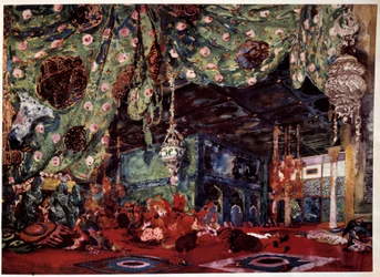 Lavastus Leon Bakst (1866-1924), venäläinen taidemaalari ja sisustussuunnittelija Nikolai (Nikolai) Rimski Korsakovin (Rimski-Korsakov) (1844-1908) oopperaan ""Sheherazade"" (Sheherazade).