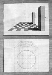 Käsitteitä arkkitehtuurista, perspektiivistä ja geometriasta: taulu otettu "" De Architectura Libri decem" -levystä, jonka on kirjoittanut Leon Battista Alberti (1404-1472), arkkitehti, matemaatikko, italialainen renessanssin runoilija, Lontoo
