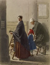 Mies, nainen ja tyttö rukouksessa kirkossa, 1864 (wc ja grafiitti paperilla)