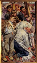 Sosiaalirealismi: "" Työläisten ajat"" Vasen osa Leon Henri Fredericin (1856-1940) triptyykistä (ec.belg) 1897 su. 1,63x0,94 m Pariisi, museo d