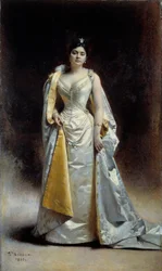 Täyspitkä muotokuva Madame Albert Cahenista Antwerpenistä Leon Bonnatin maalaus (1833-1922) 1891 su. 1,34 x 2,27 m Bayonne, Bonnat Museum