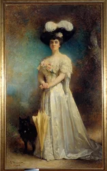 Muotokuva madame Maurice Pascalin ja pojan pojan Tiny Painting Leon Joseph Bonnat (1833-1922) 1905 su. 2,17x0,9 m Pau, musee des Beaux Arts - Täyspitkä muotokuva Madame Maurice Pascalista ja hänen koirastaan Tinysta. Leon Joseph Bonnatin maalaus (1833-19