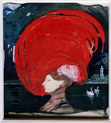 "The lady with the red hat" Muotokuva tyylikkäästä naisesta, jolla on punainen höyhenhattu. Leo Schnugin (1878-1933) maalaus.