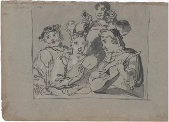 Laulijoiden, luutun soittajien ja kellonsoittajien kvartetti soittamassa tavernassa kynttilänvalossa, 1620-1628.