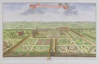 Hänen Majesteettinsa kuninkaallinen palatsi Kensingtonissa, "Survey of London" -kaiverruksesta Johannes Kip (n. 1652-1722), 1730 (värikaiverrus)