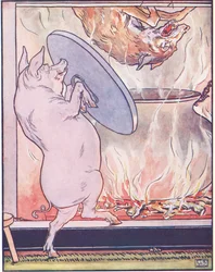 Hän otti kattilan kannen pois, ja susi putosi sisään.