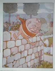 Humpty Dumpty, kuvitus Lontoossa julkaistusta Lewis Carrollin (1832-98) "Alice Through the Looking-Glassista"