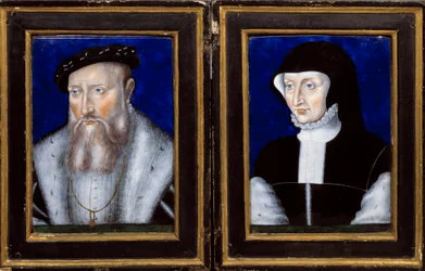 Claude de Lorraine (1496-1550), Guisen herttua ja Bourbon Vendomen Antoinette (1494-1583), hänen vaimonsa Emalin muotokuva Leonard Limosin (1505-1577) 1550 noin. Aurinko. 0,25x0,2 m Ecouen, Musee national de la renessance