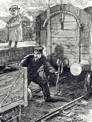 Rautatietyöläisten onnettomuuksia kommentoiva pilapiirros. Kuvittanut Leonard Raven-Hill (1867-1942) englantilainen taiteilija, kuvittaja ja pilapiirtäjä, 1900-luku.