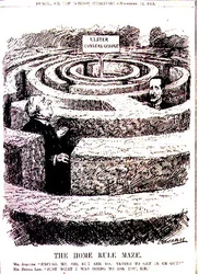 Home Rule Maze. Herra Asquith: "Anteeksi, herra, mutta yritättekö päästä sisään vai ulos?" Herra Bonar Law: "Juuri sitä, mitä aioin kysyä teiltä, herra" Punch -lehdestä, Vol. CXLV s. 401, pub. 12. marraskuuta