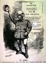 Aseisiin! Rekrytointikersantti Punch; "Pojat, maanne tarvitsee teitä. Kuka lähtee rintamalle?" Punch-lehdestä, Vol CXLVII s.195, pub. syyskuun 2. päivä
