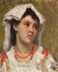 La ciociara Portrait de paysanne de la region de la Ciociaria pres de Rome (Nuori nainen Ciociariasta Rooman läheltä) Peinture de Leonardo Bazzaro (1853-1937) Collection privee
