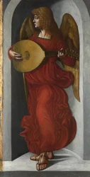 ""Punainen enkeli soittamassa luuttua"" Maalaus Leonardo da Vincin (Leonarda da Vinci) (1452-1519) seurueelta noin 1490-1499 Lontoon kansallisgalleria