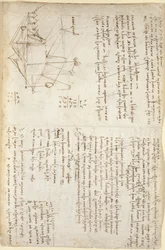 Arundel 263, f.127, Muistiinpanot ja kaaviokuva mekaanisesta kaivurista perspektiivissä (sivulle), c.1503-5 (kynä ja muste paperille)