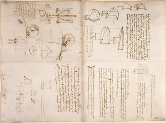 Arundel 263, f.133v, f.130r, Muistiinpanot, kaavapiirrokset ja kaaviot Codex Arundelista (kynä ja muste paperille)