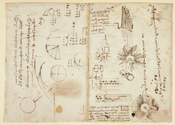 Arundel 263 f.137v, f.136 Muistiinpanot ja karkeat kaaviot (sivupuoli); matemaattiset laskelmat (sivupuoli), "Codex Arundel" (kynä ja muste paperille)
