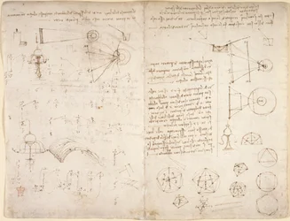 Arundel 263, f.221v, f.220 Muistiinpanot, kaaviot ja luonnokset Codex Arundelista (kynä ja muste paperille)