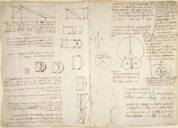 Arundel 263, f.222v, f.219, Piirustuksia mekaanisista voimista, lyömäsoittimet, painovoima, liike, optiikka ja tähtitiede, erilaisia aritmeettisia ja geometrisia ehdotuksia (kynä ja muste paperille)