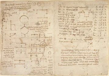 Arundel 263, f.228v, f.227 Huomautuksia ja kaavioita mekaniikasta Codex Arundelista (kynä ja muste paperille)
