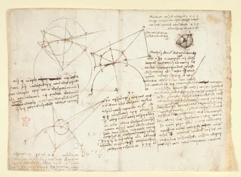 Arundel 263, f.64v Yhden suuren lehden kääntöpuoli, aiemmin oikeasta reunasta sidottu ja muistivihkoon taitettuna. Optiikkaa koskevat huomautukset ja kaaviot Alhazenin ongelmasta; kaavamainen luonnos silmämunasta, johon liittyy L:ään liittyviä huomautuksia