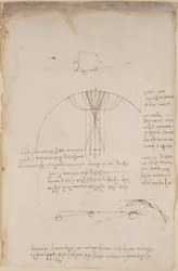 Arundel 263, f.85 Optiikan kaaviot, jotka koskevat heijastuksen kaustiikkaa; muistiinpano ja luonnos mekaniikasta, joka koskee lyömäsoittimen voimaa ja viittauksia aristoteleiseen periaatteeseen "ogni attione facta dalla natura è facta nel più brieve modo"