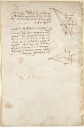 Arundel 263, f.93v Huomautuksia ja kaaviokuva optiikasta; huomautus "N.la di Pit.ra"