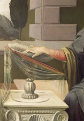 Yksityiskohta Neitsyt Mariasta, Marian ilmestys, 1472-75 öljy paneelille, restauroinnin jälkeen.