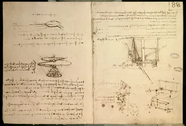 Lentokoneita, yksi ensimmäisistä helikopteria muistuttavan lentokoneen piirustuksista, noin 1487