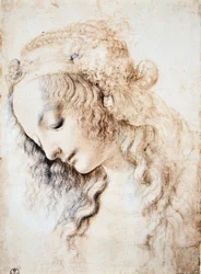 Leonardo da Vinci (1452-1519): Muotokuva tytöstä, jonka silmät ovat kiinni ja pää painuksissa ja jonka hiuksia koristaa koruin somistettu nauha (Immagina)