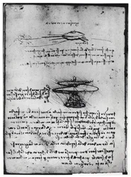 Pariisin käsikirjoitus B, fol. 83v: Sivu tekstiä ja luonnoksia lentävälle koneelle, 1488-90 (kynä ja muste paperille)