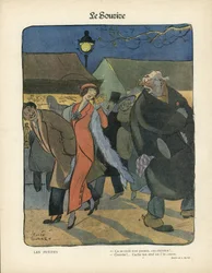 Kuvitus Leonce Burretista (1865-1915) teoksessa Le Smile, nro. 4, 23/01/13 - Les Petites - Nokturni, Prostituutio, Paperivuoat, Lattiavalaisin, Turkis