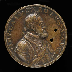 Kaarle V, 1500-1558, Espanjan kuningas 1516-1556, Pyhän Rooman keisari 1519 [kääntöpuoli], 1547 tai sen jälkeen.