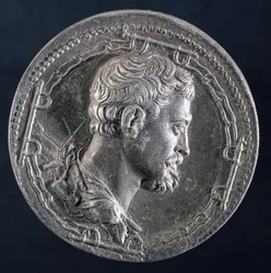 Andrea Dorian medaljongin kääntöpuoli, joka kuvaa taiteilijaa vangin ketjujen ympäröimänä ja keittiön taustalla, n. 1541 (hopea) (katso etupuoli 122337)