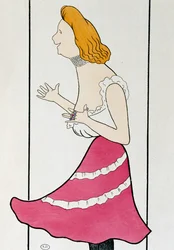 Näyttelijä Mademoiselle Cassive Georges Feydeaun (1862-1921) elokuvassa La Dame de Chez Maxim, Leonetto Cappiellon (1875-1942) karikatyyri vuodelta 1899