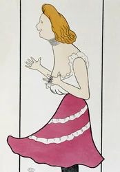 Näyttelijä Mademoiselle Cassive elokuvassa La Dame de Chez Maxim, kirjoittanut Georges Feydeau (1862-1921), karikatyyri 1899 (piirustus)