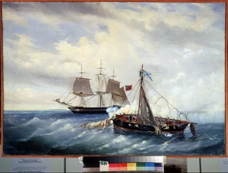 Meritaistelu pienen venäläisen Opyt-aluksen ja brittiläisen fregatin välillä Nargenin saarella (Kaspianmeri) 11. heinäkuuta 1808 Anglo-Venäjän (Anglo-Venäjän) sodan (1807-1812) aikana. (Venäläisen pienen aluksen Opyt ja t