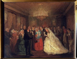 Häät. (Häävieraat kolkuttelevat laseja vastaparin ympärillä.) Leonid Ivanovitš Solomatkinin (1837-1883) maalaus, öljy kankaalle