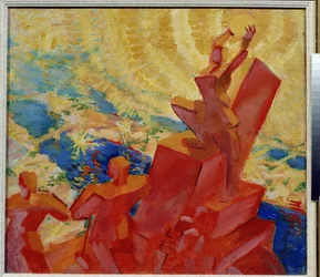Auringossa (Aurinkoon). Värillinen maisema, jossa yksi hahmoista pitää aurinkoa käsissään. Leonid Terentlevich Chupyatov (1890-1941) maalaus. Öljy kankaalle