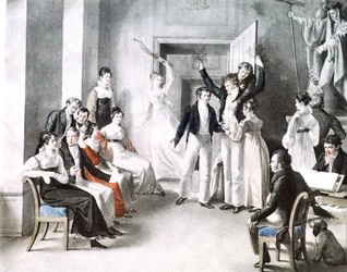 Schubertian musiikillinen tapaaminen. Schubert istuu tuolissa oikealla. Kupelniesenin akvarelli