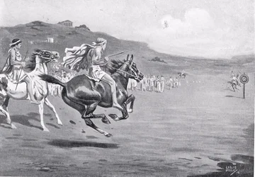 Kreikkalaiset ratsumiehet heittävät keihään, kuvitus Hutchinsonin kansojen historiasta, 1915
