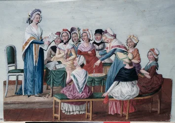 Ranskan vallankumous (1789): Isänmaallinen naisten kerho vallankumouksen aikana. Lesueurin veljesten maalaus (1700-luku). Pariisi, Musée Carnavalet.