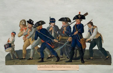 Ranskan vallankumous: "" Nuoret miehet harjoittelemaan kaanonin kanssa""" Lesueurin veljien kaiverrus (1700-luku). Pariisi, Musee Carnavalet