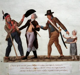 Ranskan vallankumous: ”Kansalainen pysäytetään, jotta hänet pakotettaisiin kiinnittämään kansallinen kokardi hattuunsa”. 1700-luku. Musée Carnavalet, Pariisi