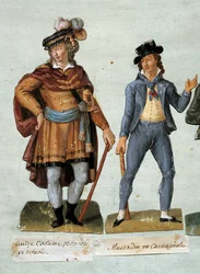 Ranskan vallankumous: mielikuvituksellisten kuninkaallisten dandien (muscadin) puvut kieltäytyvät. Lesueur-veljesten guassi (1700-luku) Carnavalet Museum