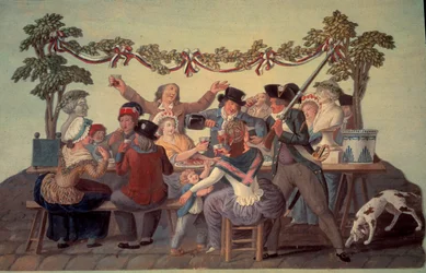 Ranskan vallankumous 1789: "Republikaanien ateria"". Gouache des freeres Lesueur (1700-luku)