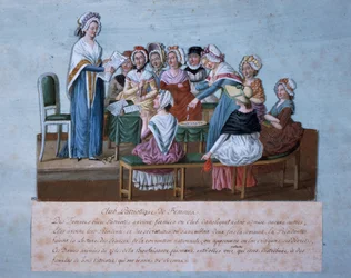 Naisten isänmaallisen kerhon kokous, Jean-Baptiste Lesueur, värillinen printti, Ranska, Ranskan vallankumous