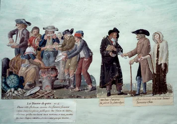 Kohtauksia Ranskan vallankumouksen alaisina: "" leivän puute, rahanmyyjä ja annuiteeraajat myyvät esineitään"". Lesueur-veljien guassi, noin 1789. Musee Carnavalet, Pariisi