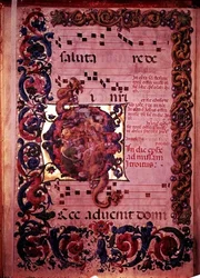 Musiikkisivu antifonaalista, n. 1473-1479 historiallisella alkukirjaimella G, joka kuvaa tietäjien palvontaa