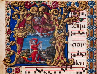 Piccolomini-kirjasto: kuorokirja, turska. 1.A, ff.4v "Vision of Isaiah", kirjoittanut Liberale da Verona (noin 1445 - 1527/9). Yksityiskohta.